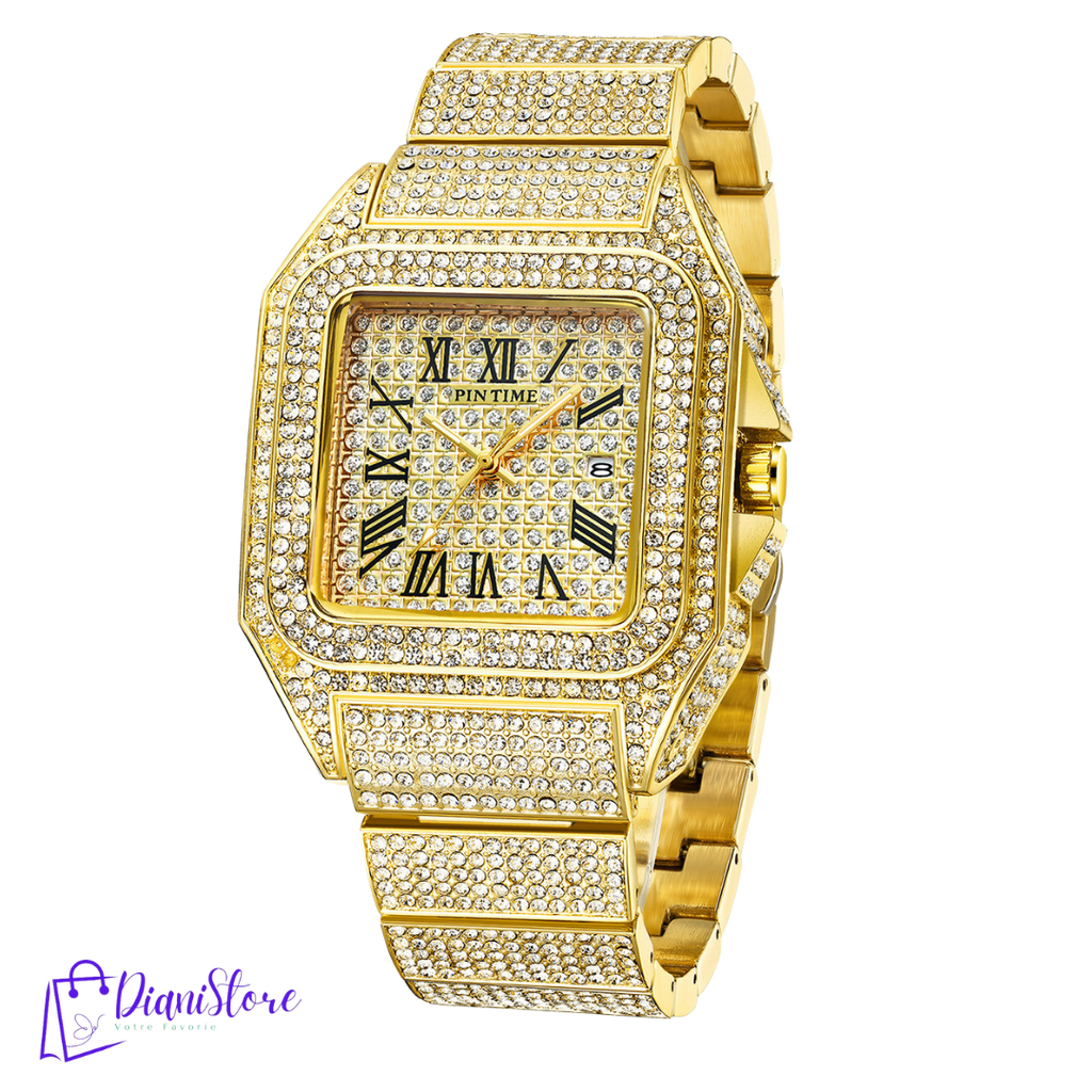 PINTIME Montre à quartz diamant carré pour homme